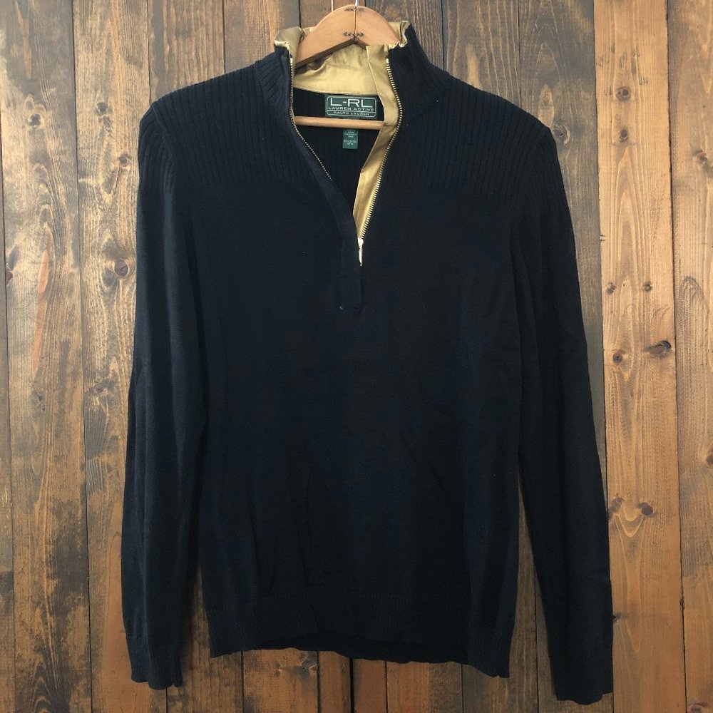 RALPH LAUREN Black Zip Cardigan Sweater with Gold Collar